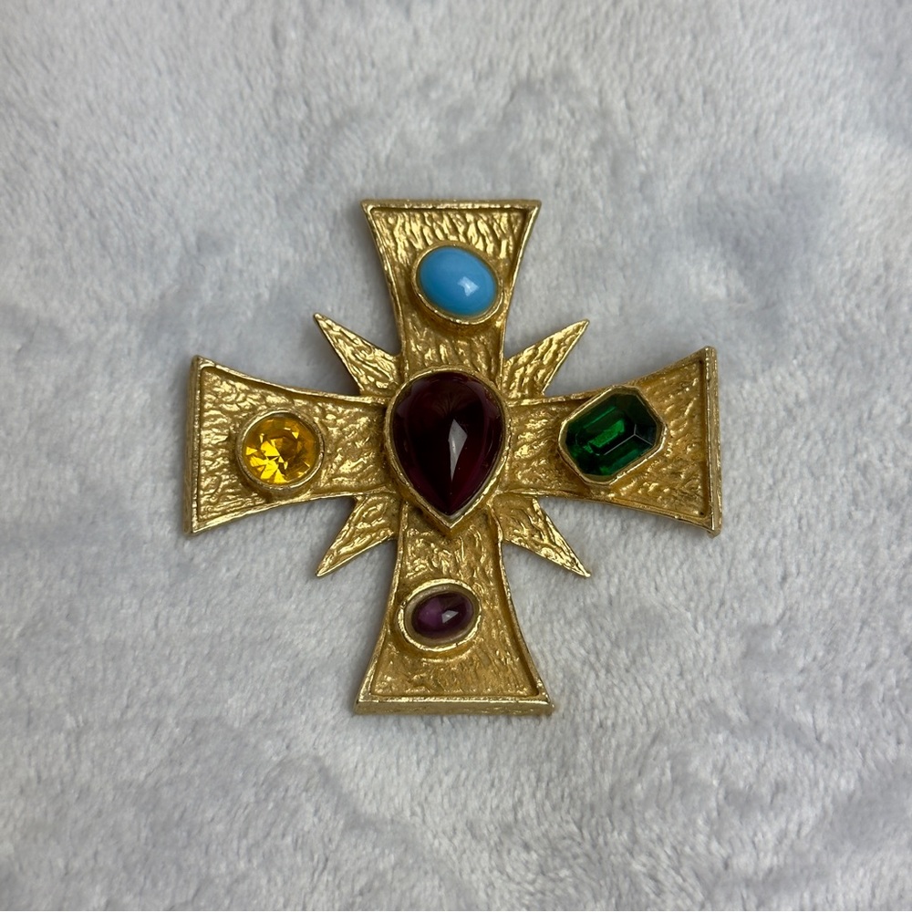 Vintage Benedikt NY Gold tone Maltese Cross Brooch with Multicolored rhinestones